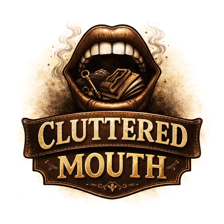 The Cluttered Mouth logo: an open mouth holding a key and worn books, above a tooled-leather banner