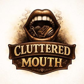 The Cluttered Mouth logo: an open mouth full of papers and a key, above a wooden sign